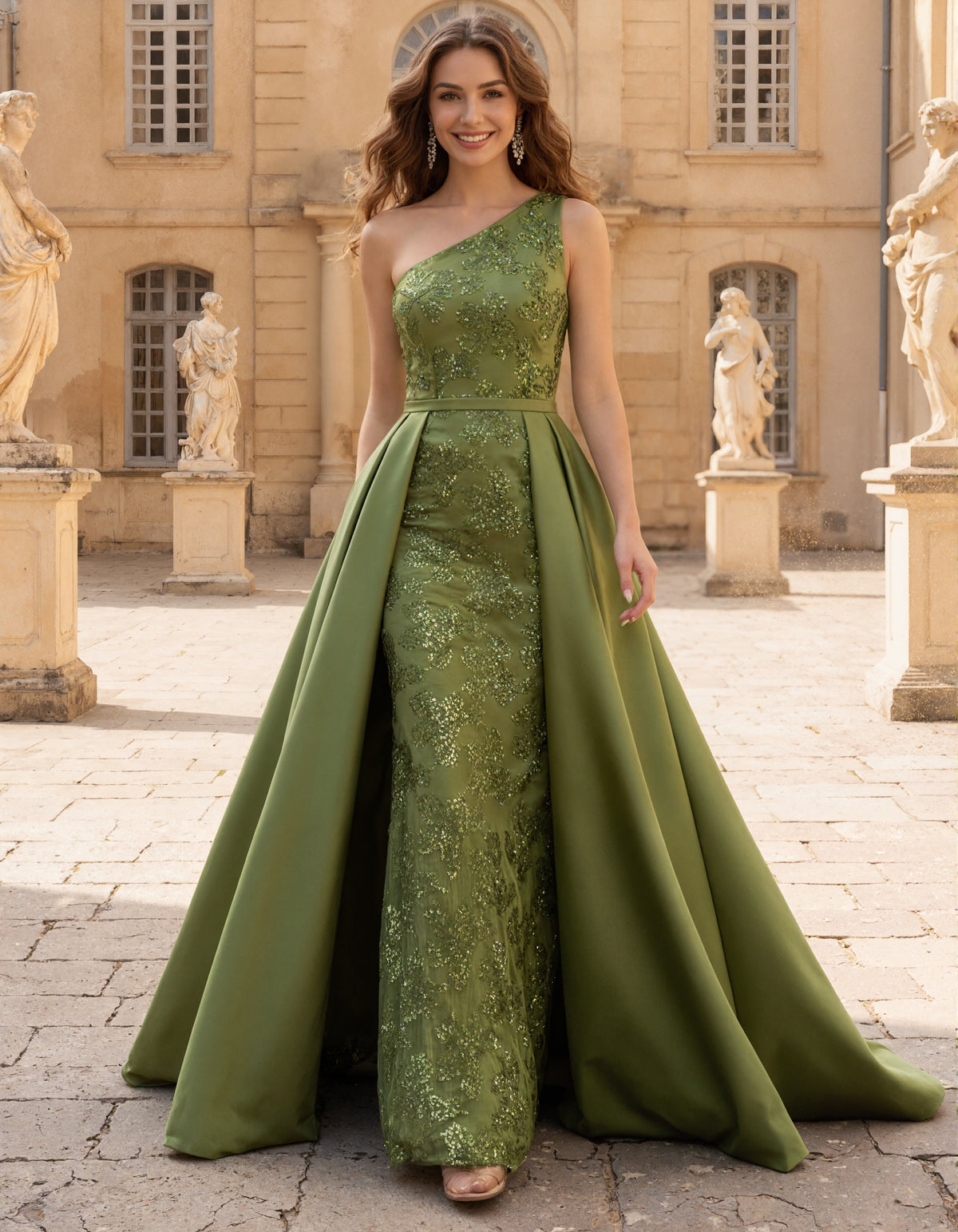 Green Sequined Satin One Shoulder Maxi Dress