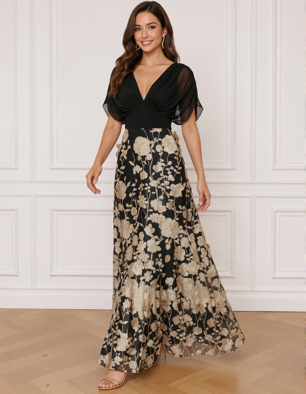 Black And Gold Floral Appliqué V-Neck Chiffon Maxi Dress