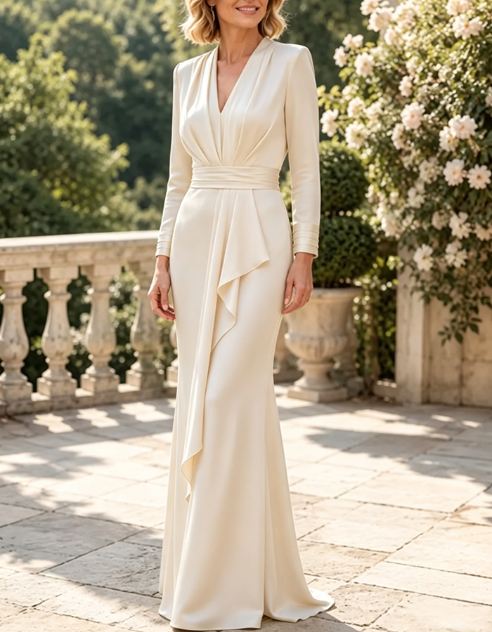 Draped V‑Neck Long Sleeve Mermaid Maxi Dress