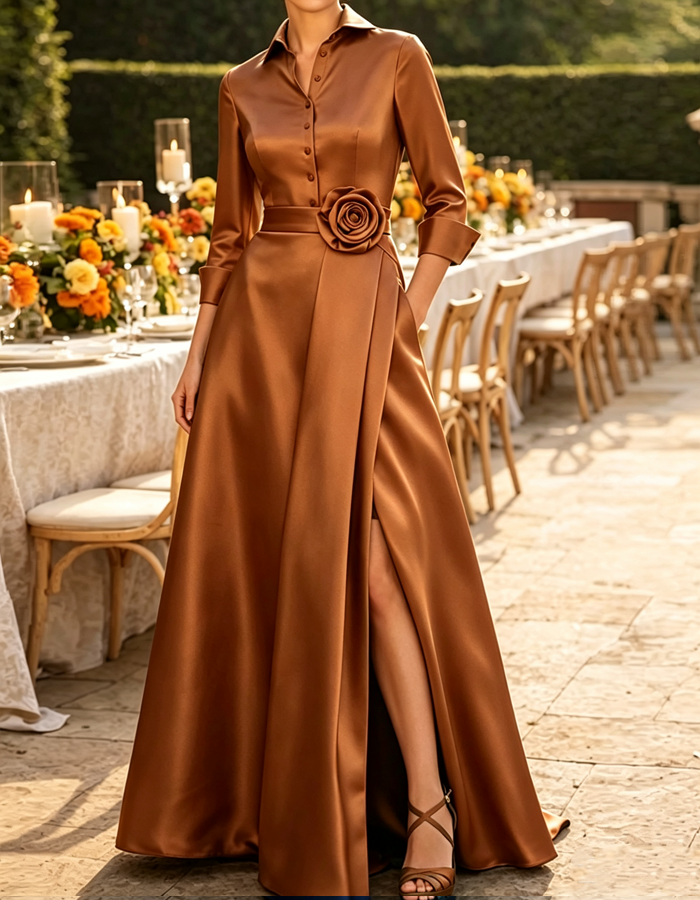 3/4 Sleeve A‑Line Satin Evening With 3D Rose Maxi Dress