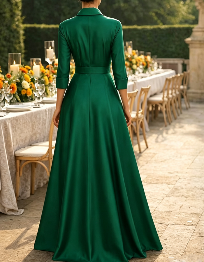 3/4 Sleeve A‑Line Satin Evening With 3D Rose Maxi Dress