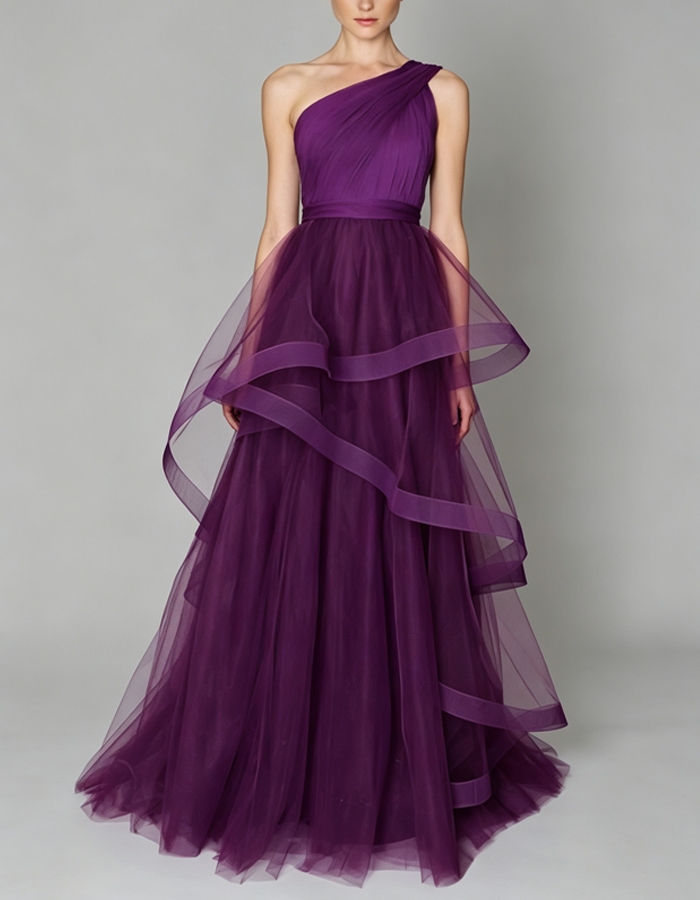 One‑Shoulder Ruched Tulle Gown Maxi Dress