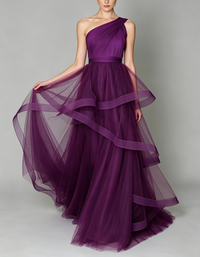 One‑Shoulder Ruched Tulle Gown Maxi Dress