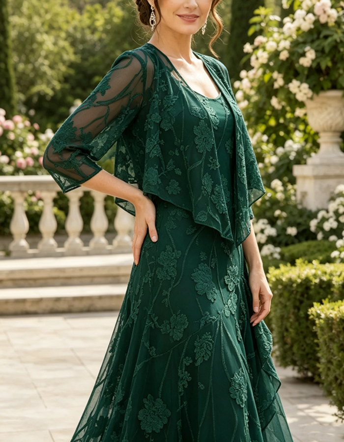 Floral Lace Chiffon 3/4 Sleeve Open Front Jacket And Dress 2-piece Set