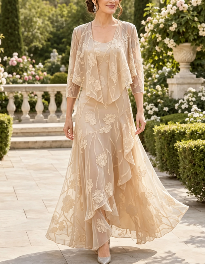 Floral Lace Chiffon 3/4 Sleeve Open Front Jacket And Dress 2-piece Set
