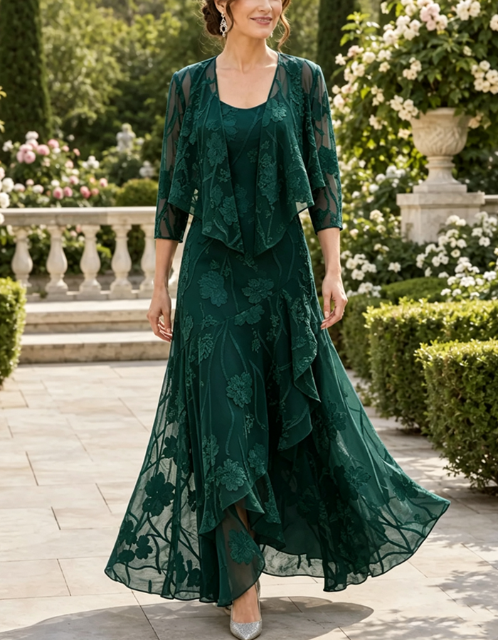 Floral Lace Chiffon 3/4 Sleeve Open Front Jacket And Dress 2-piece Set