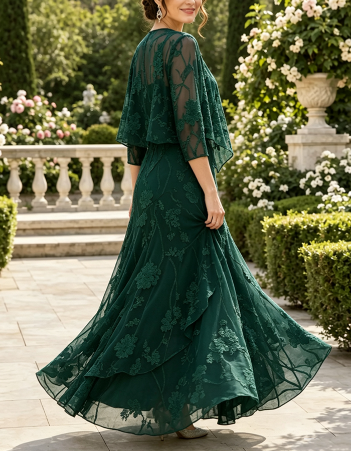 Floral Lace Chiffon 3/4 Sleeve Open Front Jacket And Dress 2-piece Set