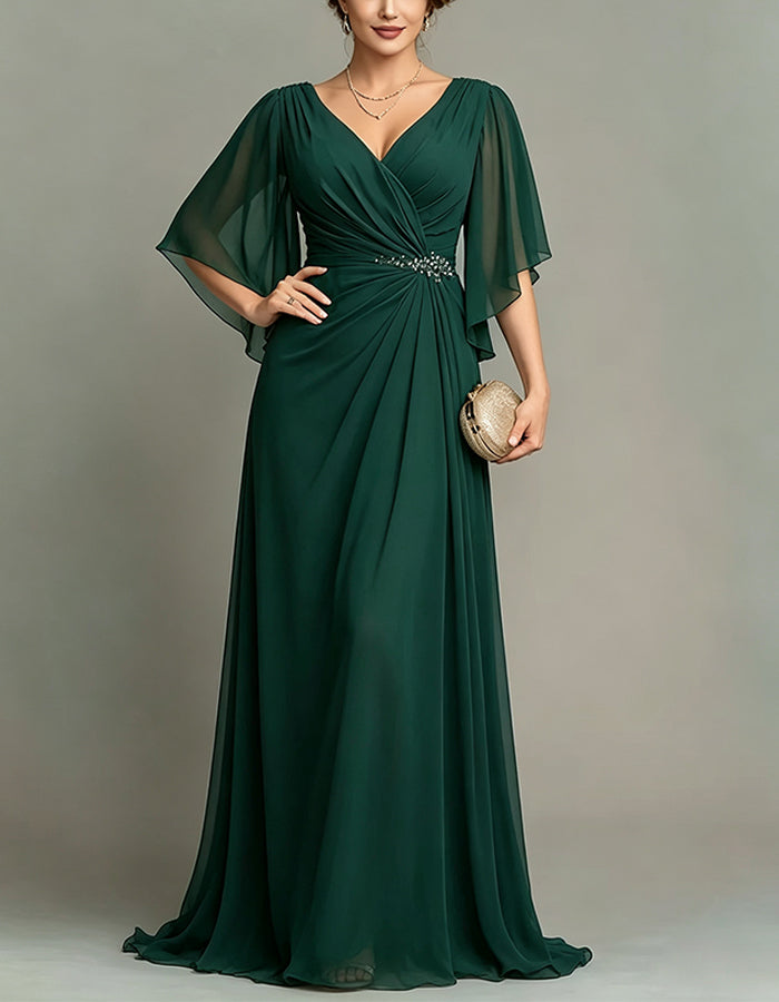Dark Green Floor Length Chiffon V-neck Maxi Dress