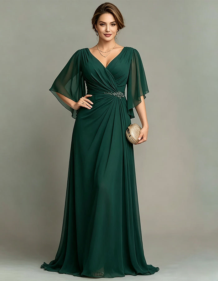 Dark Green Floor Length Chiffon V-neck Maxi Dress