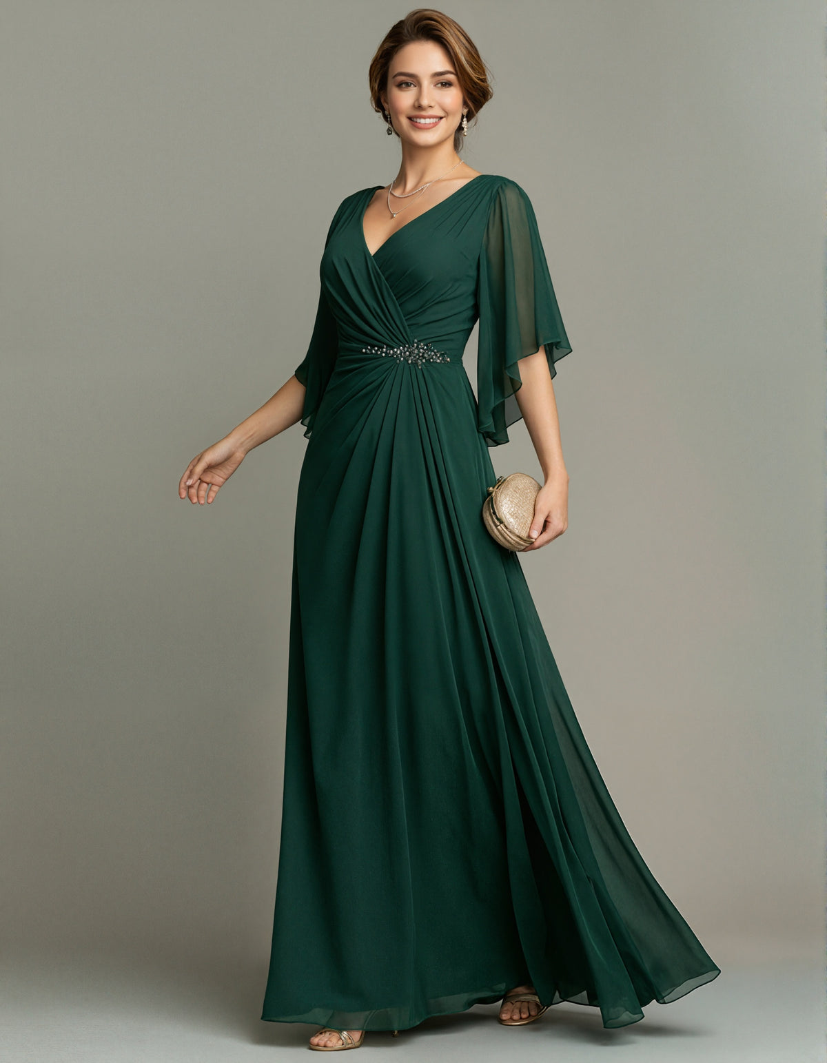 Dark Green Floor Length Chiffon V-neck Maxi Dress