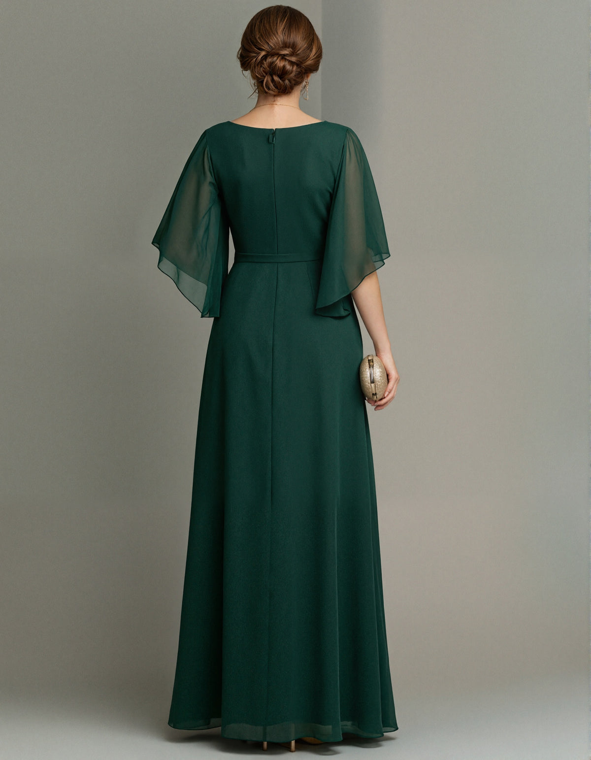 Dark Green Floor Length Chiffon V-neck Maxi Dress