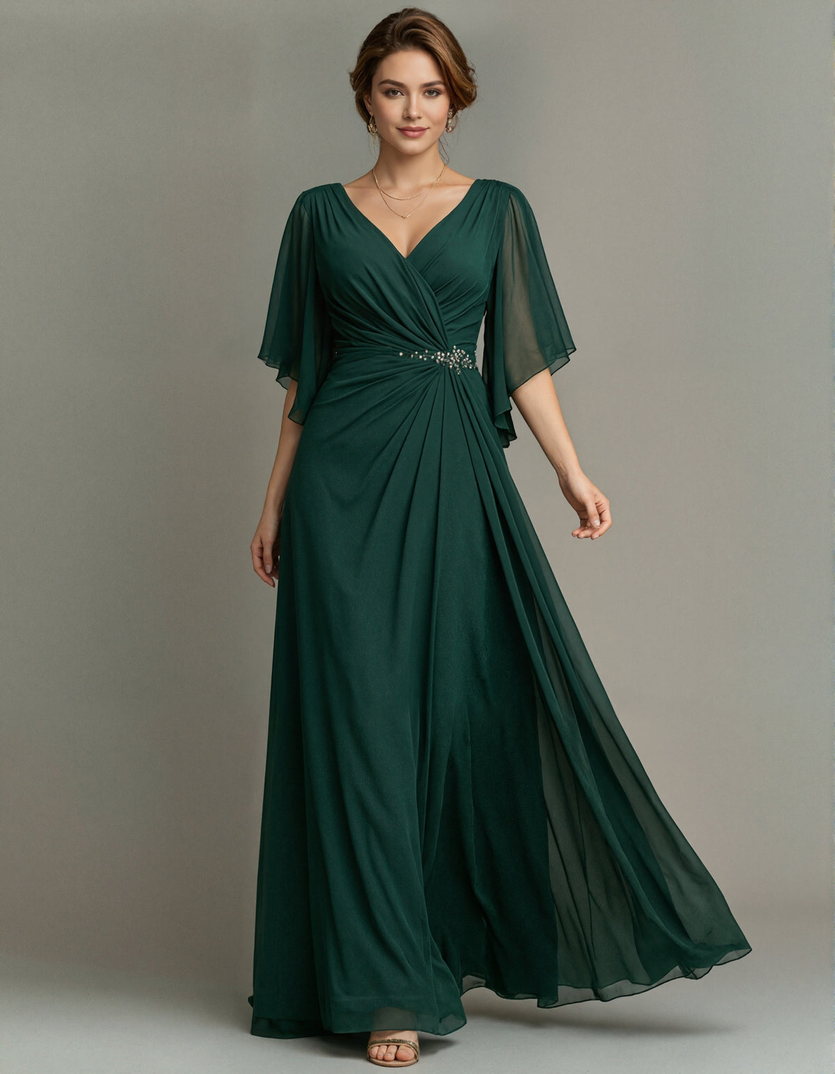 Dark Green Floor Length Chiffon V-neck Maxi Dress