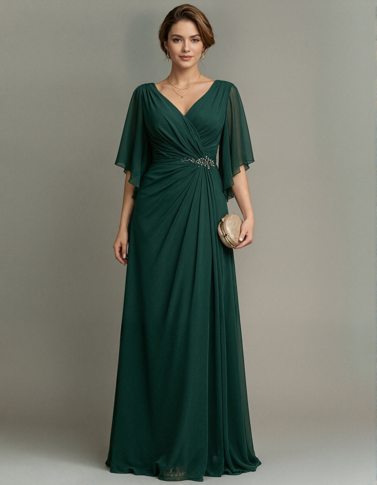Dark Green Floor Length Chiffon V-neck Maxi Dress