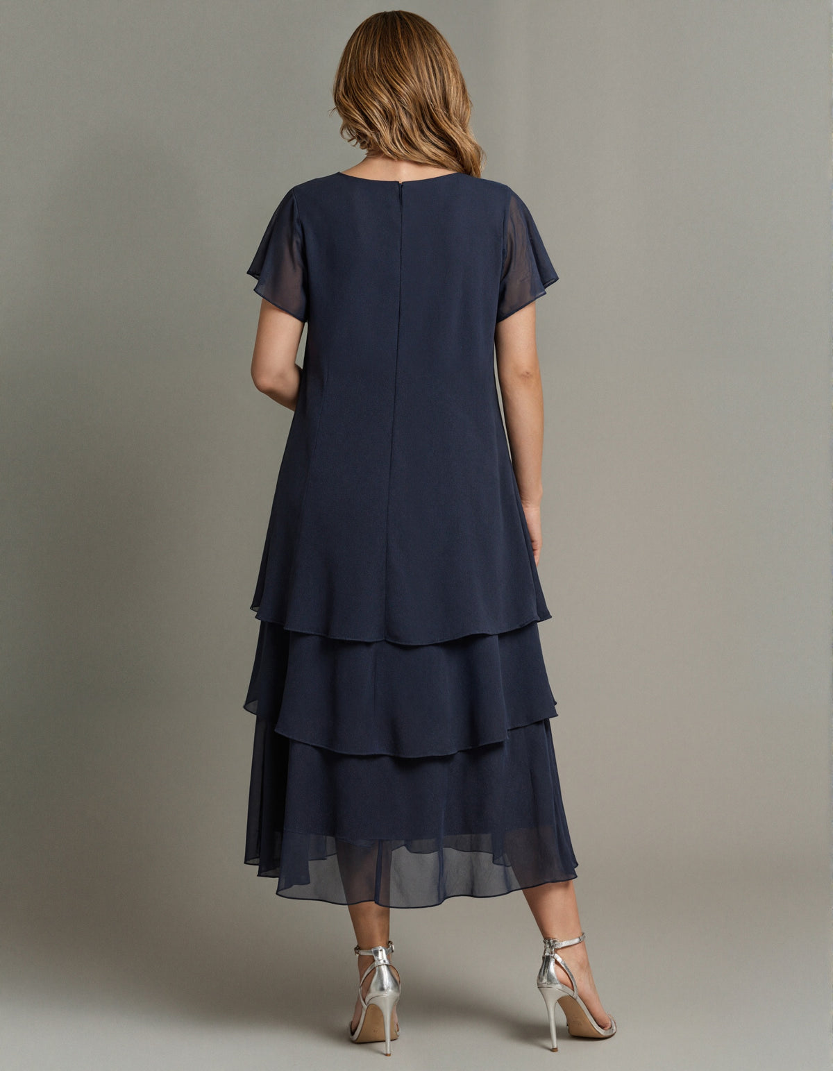 Navy Blue Chiffon Round Neck Loose Layered Midi Dress
