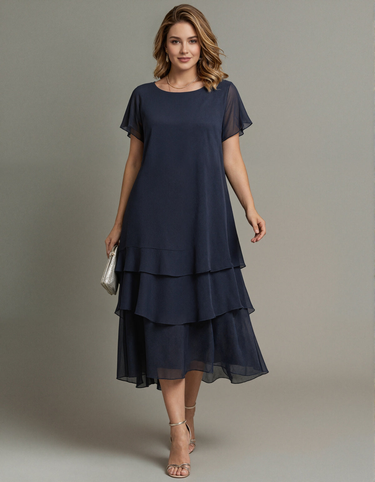 Navy Blue Chiffon Round Neck Loose Layered Midi Dress