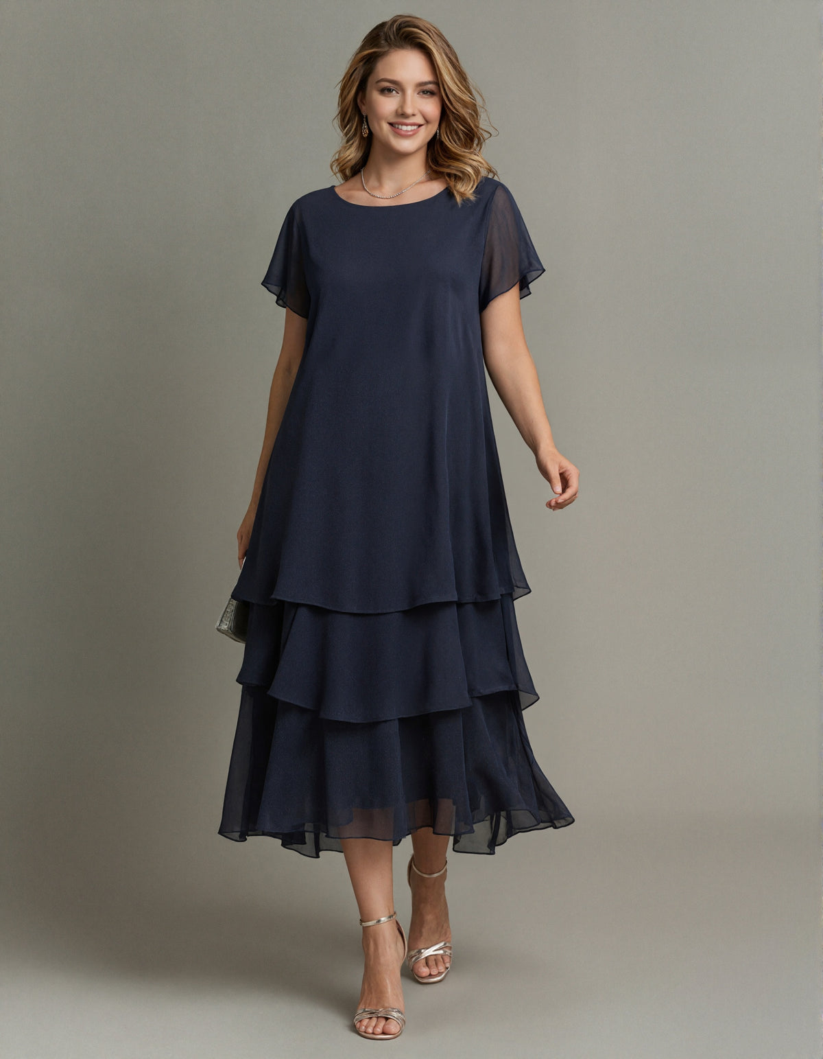 Navy Blue Chiffon Round Neck Loose Layered Midi Dress