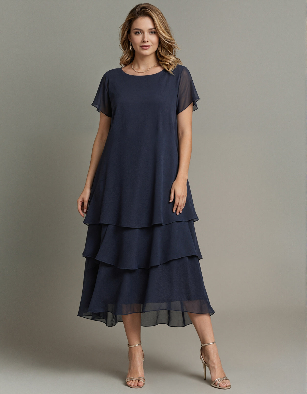 Navy Blue Chiffon Round Neck Loose Layered Midi Dress