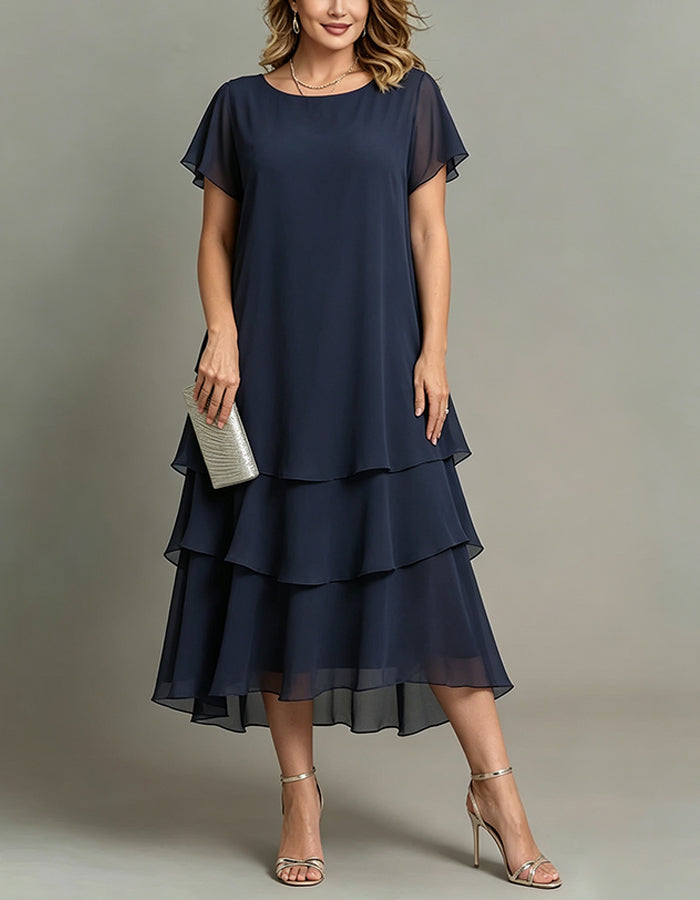 Navy Blue Chiffon Round Neck Loose Layered Midi Dress