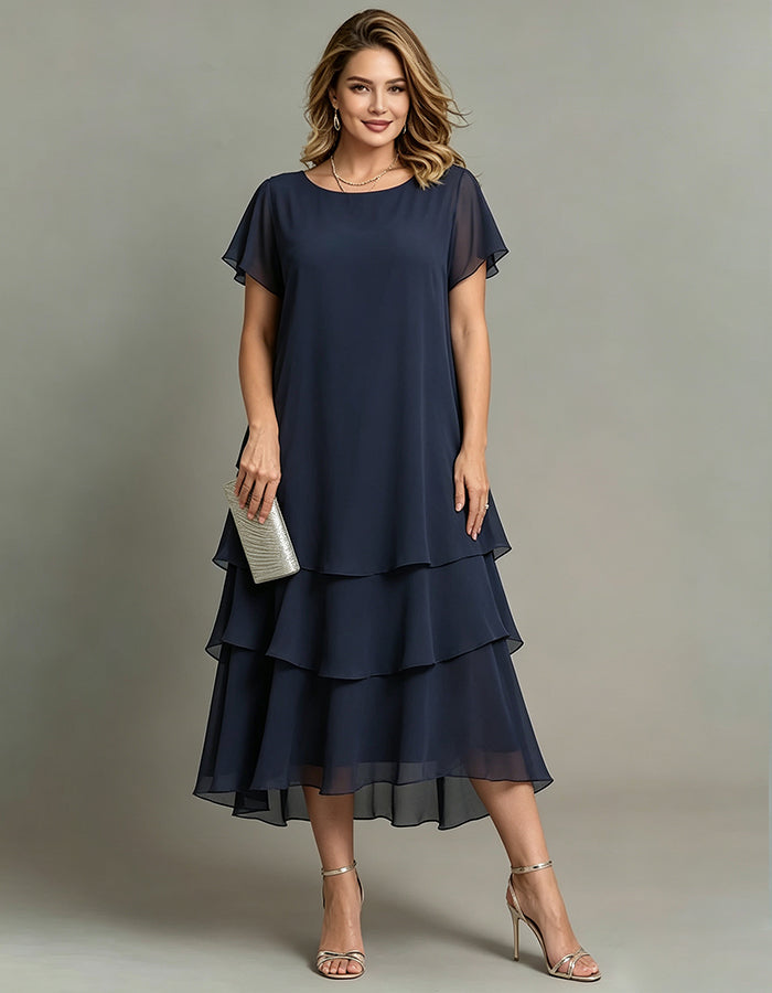 Navy Blue Chiffon Round Neck Loose Layered Midi Dress