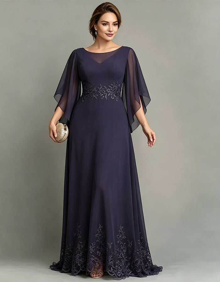 Dark Purple Chiffon Boat Neck Lace Maxi Dress