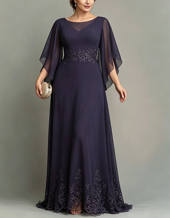 Dark Purple Chiffon Boat Neck Lace Maxi Dress