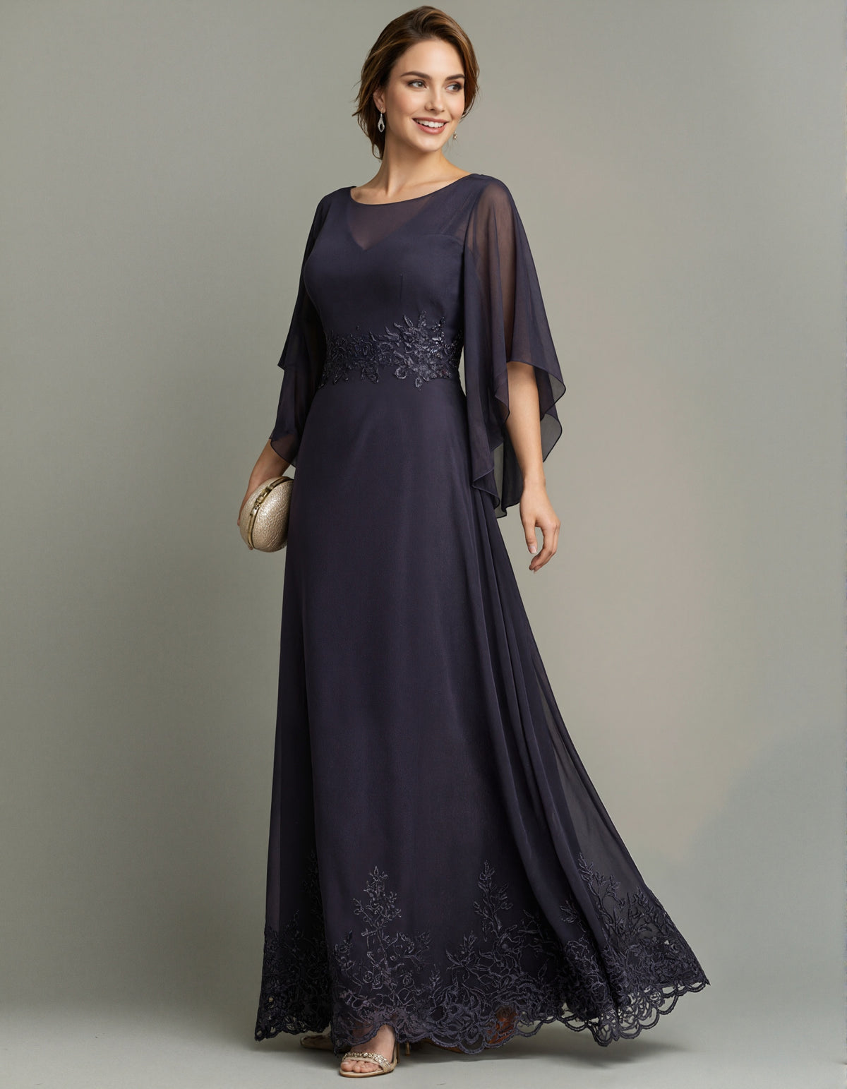 Dark Purple Chiffon Boat Neck Lace Maxi Dress