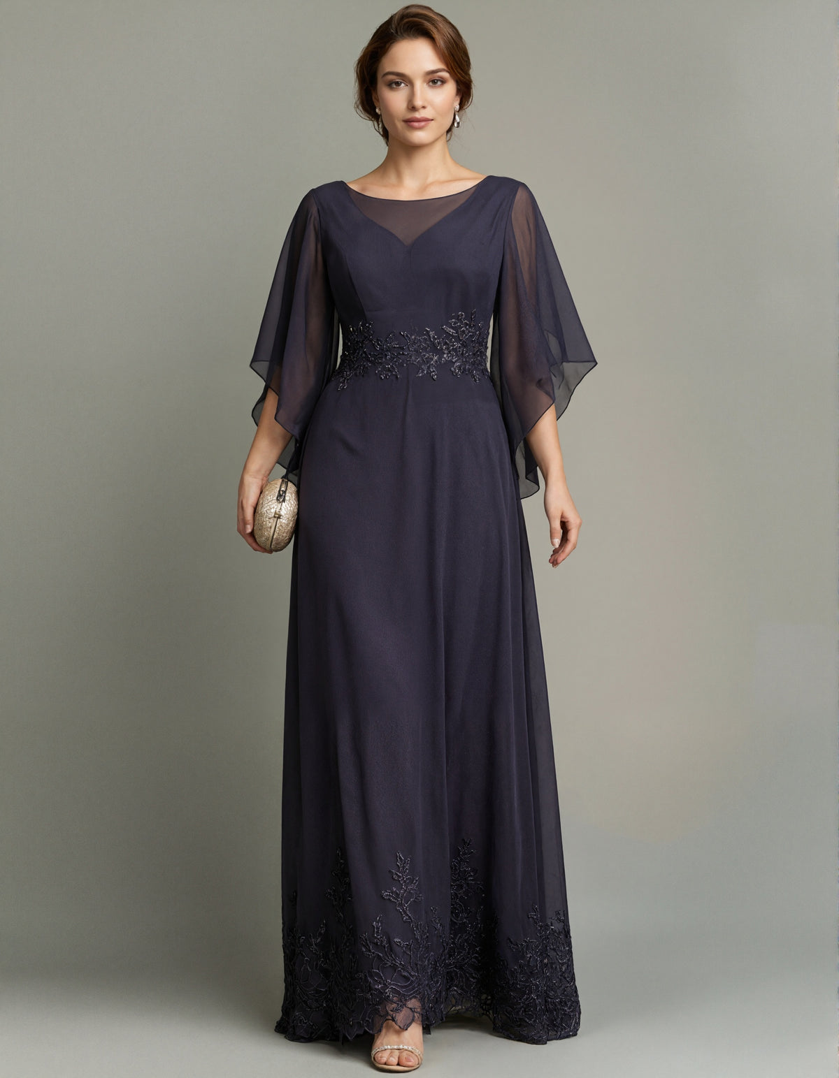 Dark Purple Chiffon Boat Neck Lace Maxi Dress