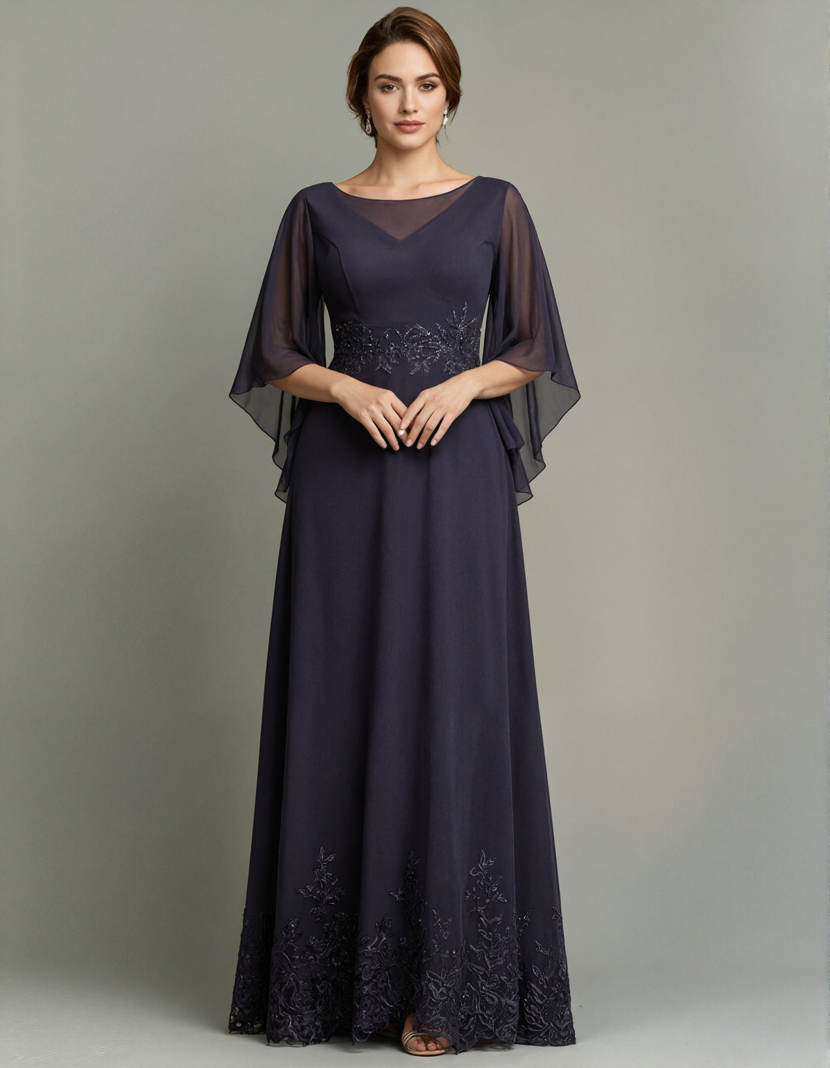Dark Purple Chiffon Boat Neck Lace Maxi Dress