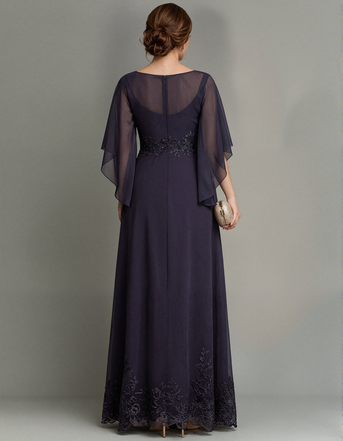 Dark Purple Chiffon Boat Neck Lace Maxi Dress