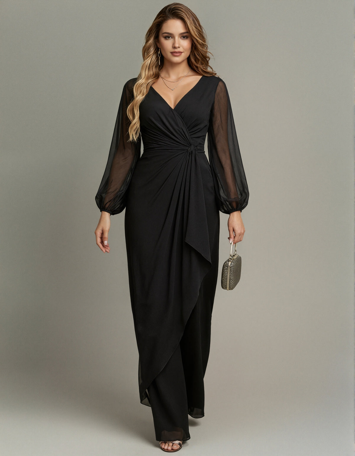 Black Formal Chiffon V-Neck Crossover Puff Sleeve Jumpsuit
