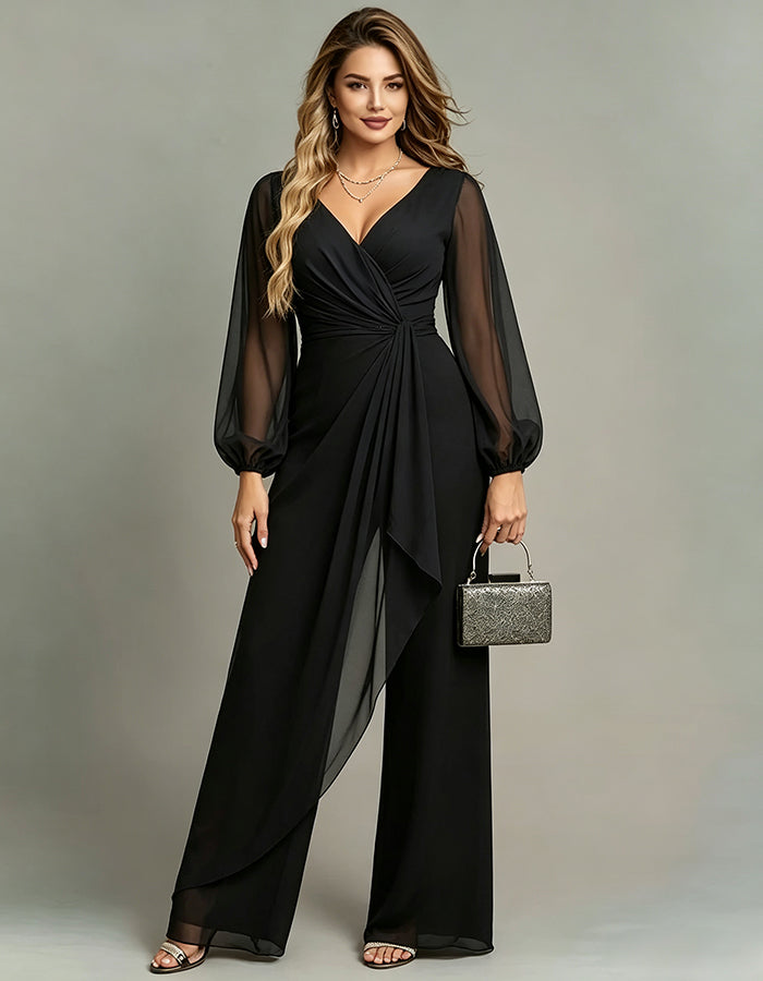 Black Formal Chiffon V-Neck Crossover Puff Sleeve Jumpsuit