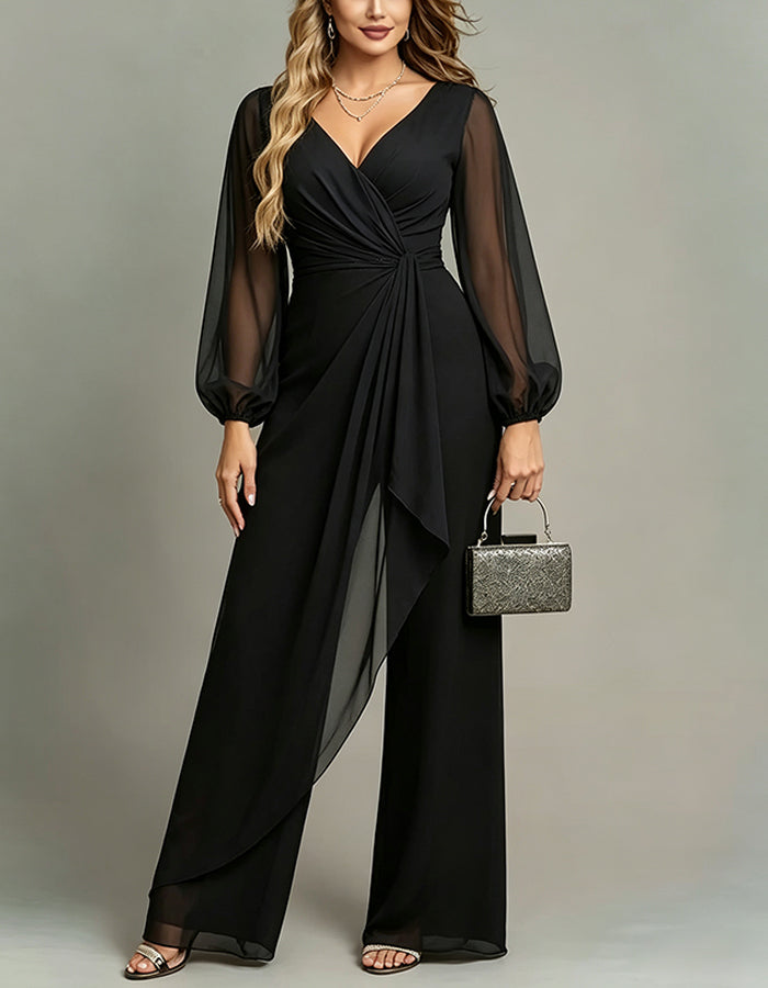 Black Formal Chiffon V-Neck Crossover Puff Sleeve Jumpsuit