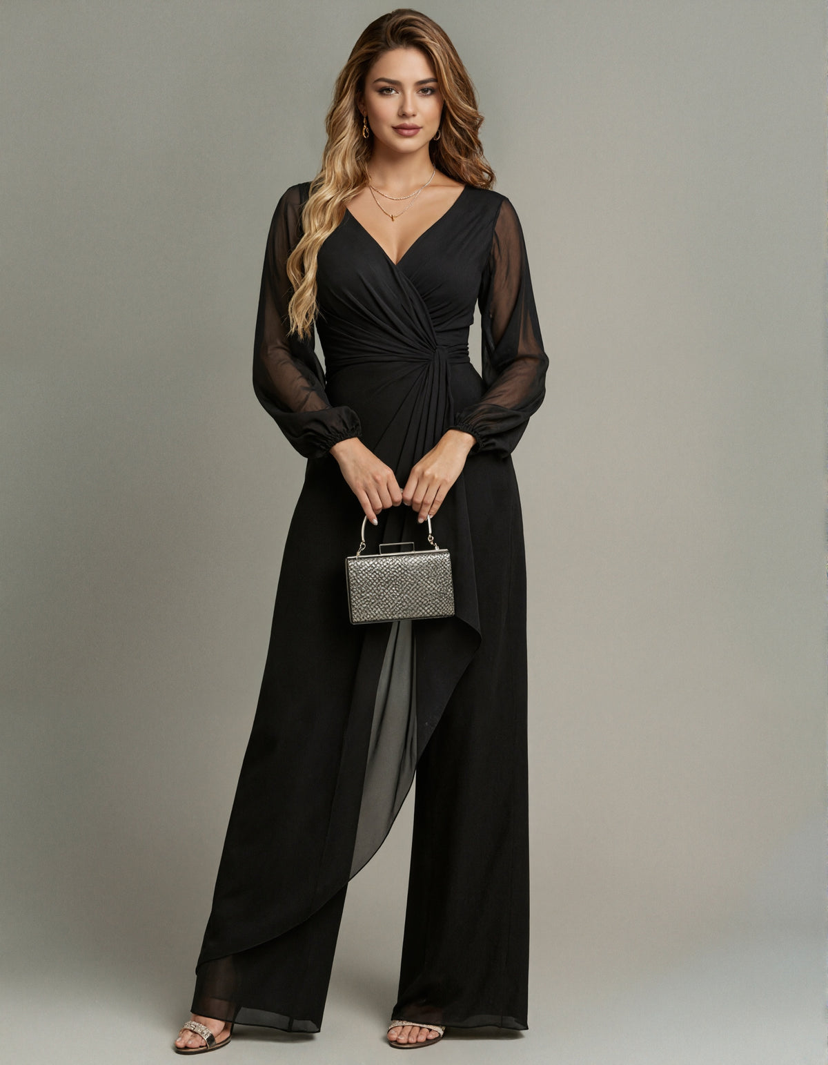 Black Formal Chiffon V-Neck Crossover Puff Sleeve Jumpsuit