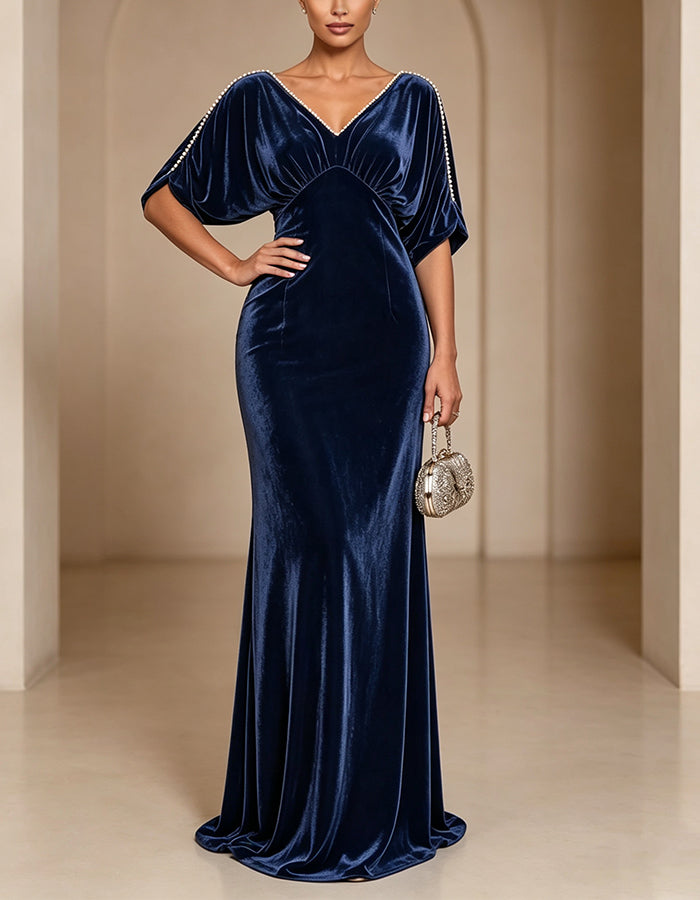 Navy Blue Velvet Deep V-Neck Batwing Sleeve Maxi Dress