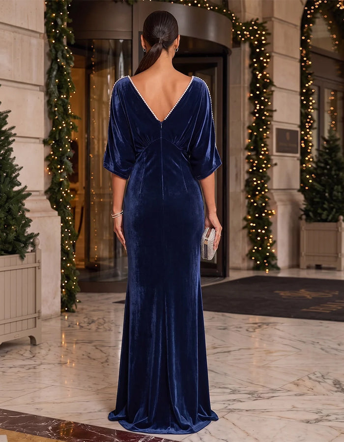 Navy Blue Velvet Deep V-Neck Batwing Sleeve Maxi Dress