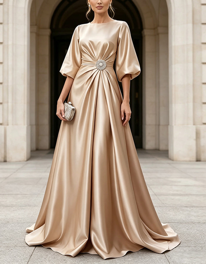 Champagne Satin Long Round Neck Maxi Dress