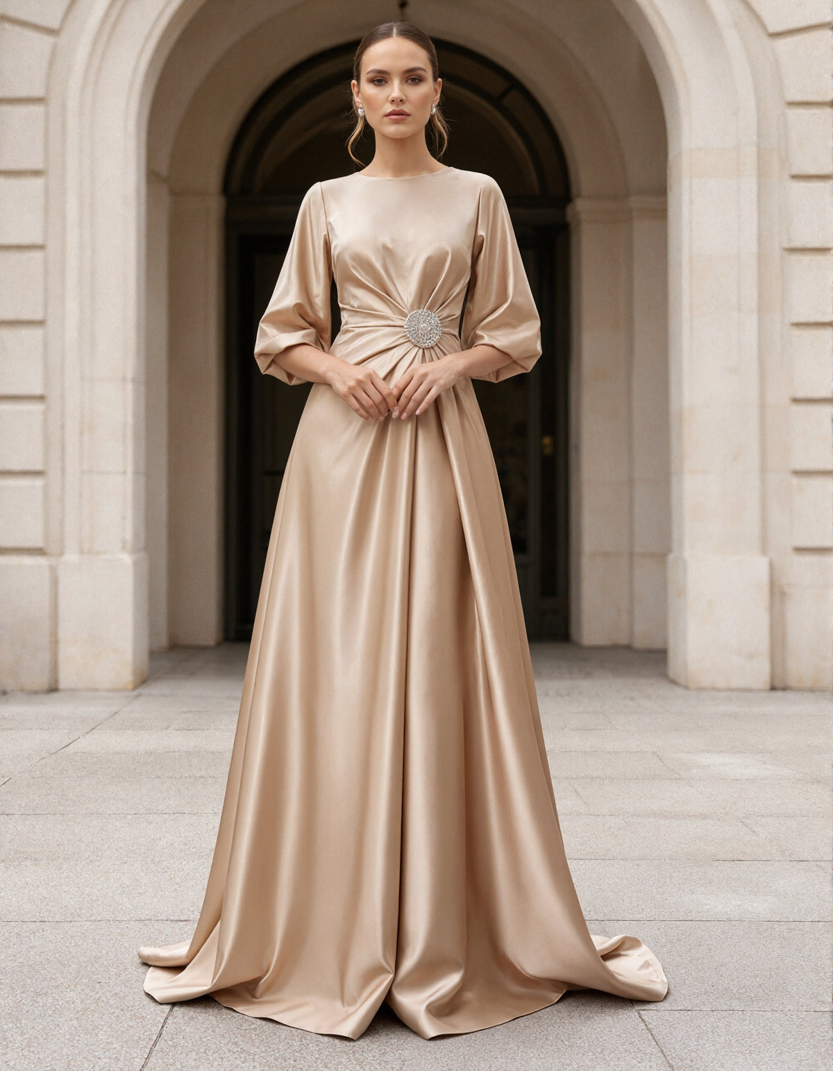 Champagne Satin Long Round Neck Maxi Dress