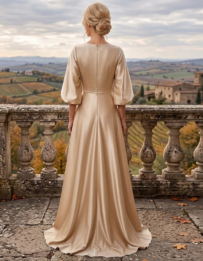 Champagne Satin Long Round Neck Maxi Dress