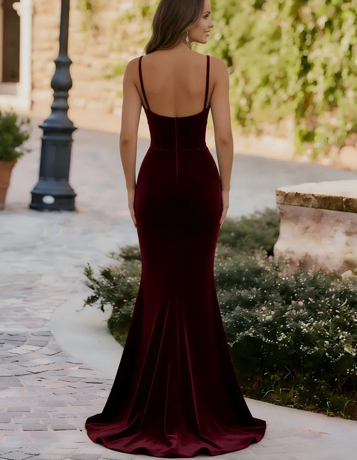 Velvet Deep V Spaghetti Straps Fitted Mermaid Maxi Dress