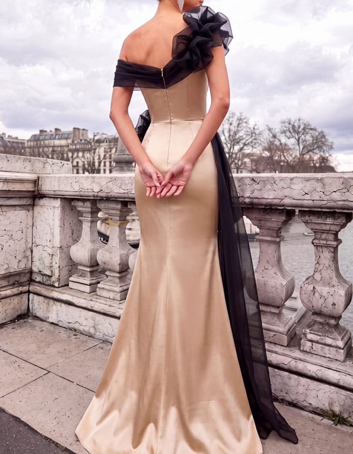 Luxury Satin Mermaid Off-Shoulder Prom Dress with 3D Black Flower Maxi Dress