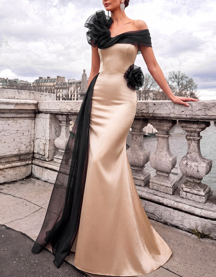 Luxury Satin Mermaid Off-Shoulder Prom Dress with 3D Black Flower Maxi Dress