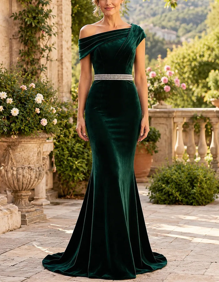 Hunter Green Velvet Off‑Shoulder Sequin Waist Maxi Dress