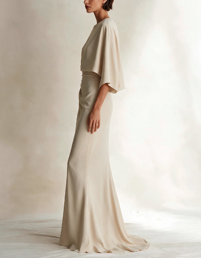 Cream Colored Shawl Sleeves Fishtail Maxi Dress