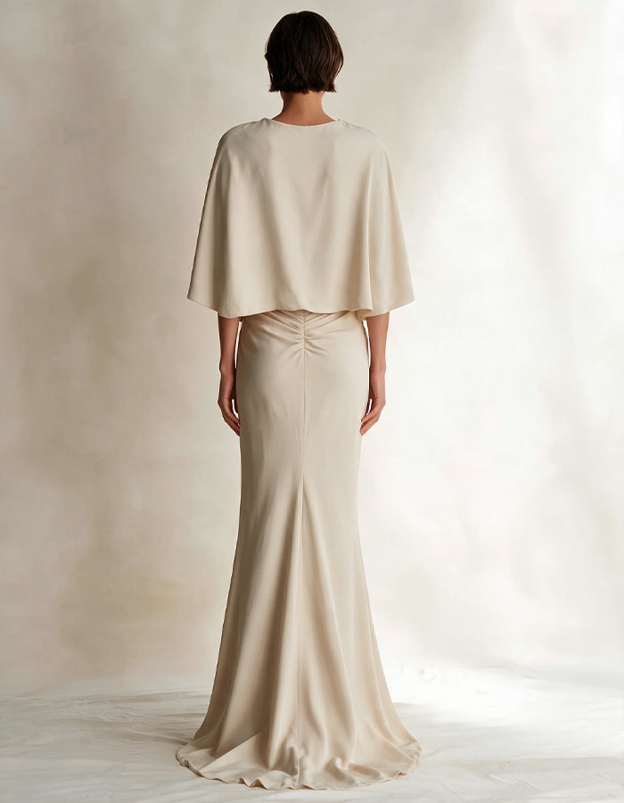 Cream Colored Shawl Sleeves Fishtail Maxi Dress