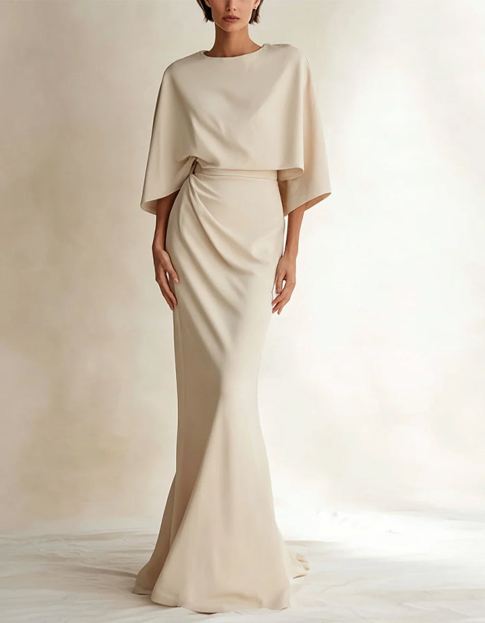Cream Colored Shawl Sleeves Fishtail Maxi Dress