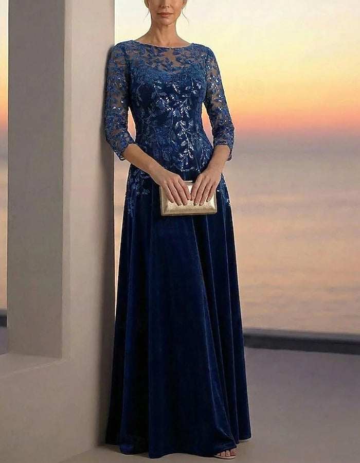 Solid Color Three Quarter Sleeve Sequined Floral Velvet Maxi Dress