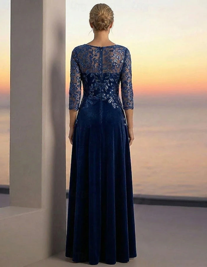 Solid Color Three Quarter Sleeve Sequined Floral Velvet Maxi Dress