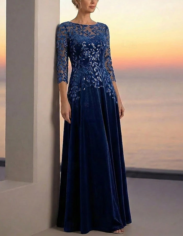 Solid Color Three Quarter Sleeve Sequined Floral Velvet Maxi Dress