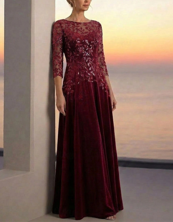 Solid Color Three Quarter Sleeve Sequined Floral Velvet Maxi Dress