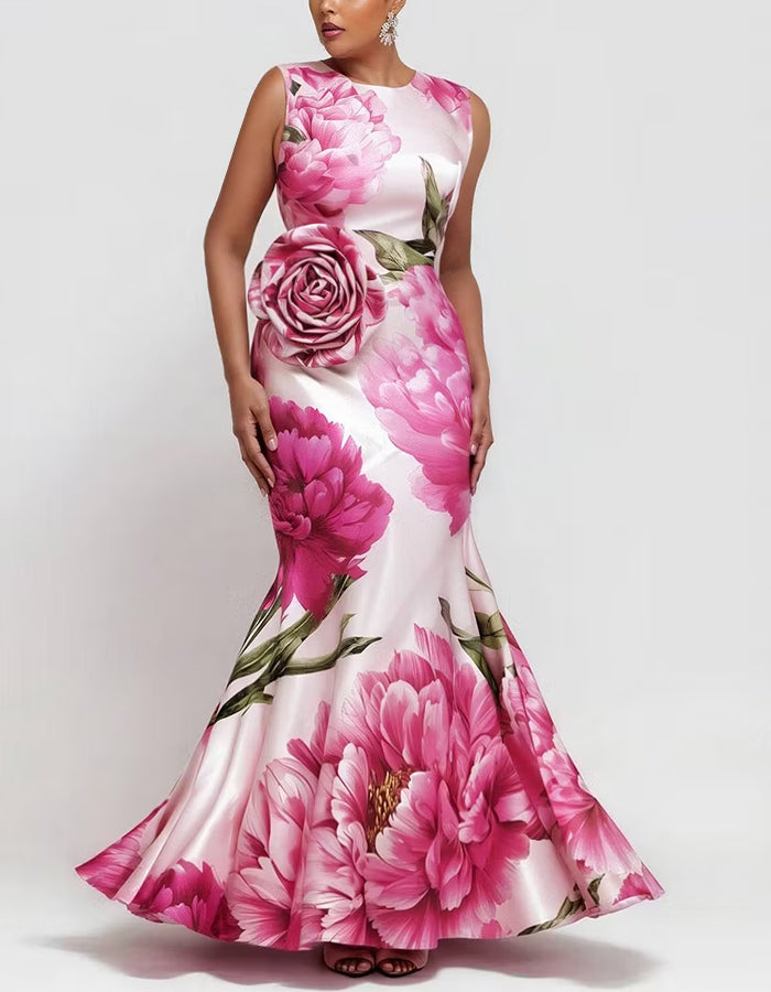 Rose Pink Satin Sleeveless Floral Maxi Dress